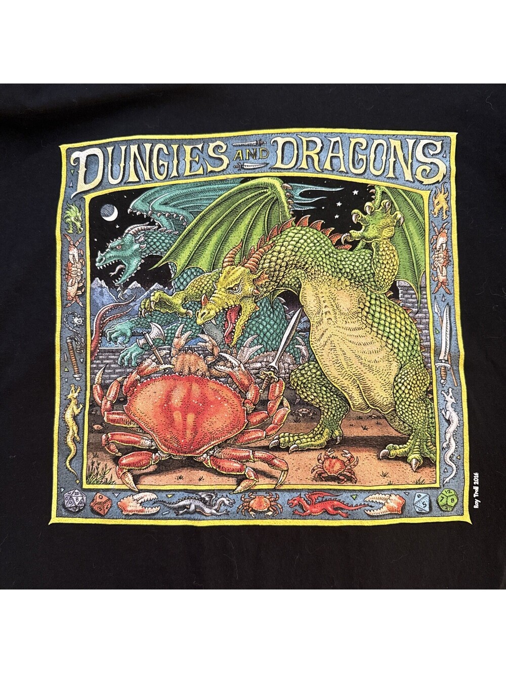 Ray Troll Dungies & Dragons Parody D&D Shirt Dungeness Crab Black XL